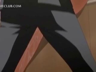 Shorthaired hentai damsel boobs teased by her super GF