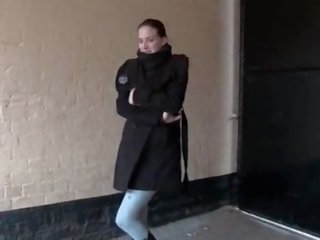 Hot to trot lady pisses in leggings and movs her tits in public