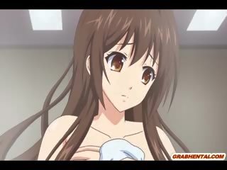 Kaal kameraad anime standing geneukt een rondborstig studente in de badkamer