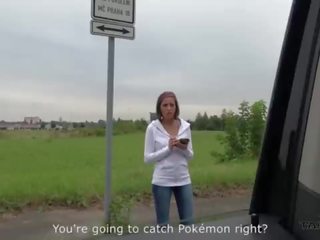 Marvelous groovy pokemon hunter busty feature convinced to fuck stranger in driving van